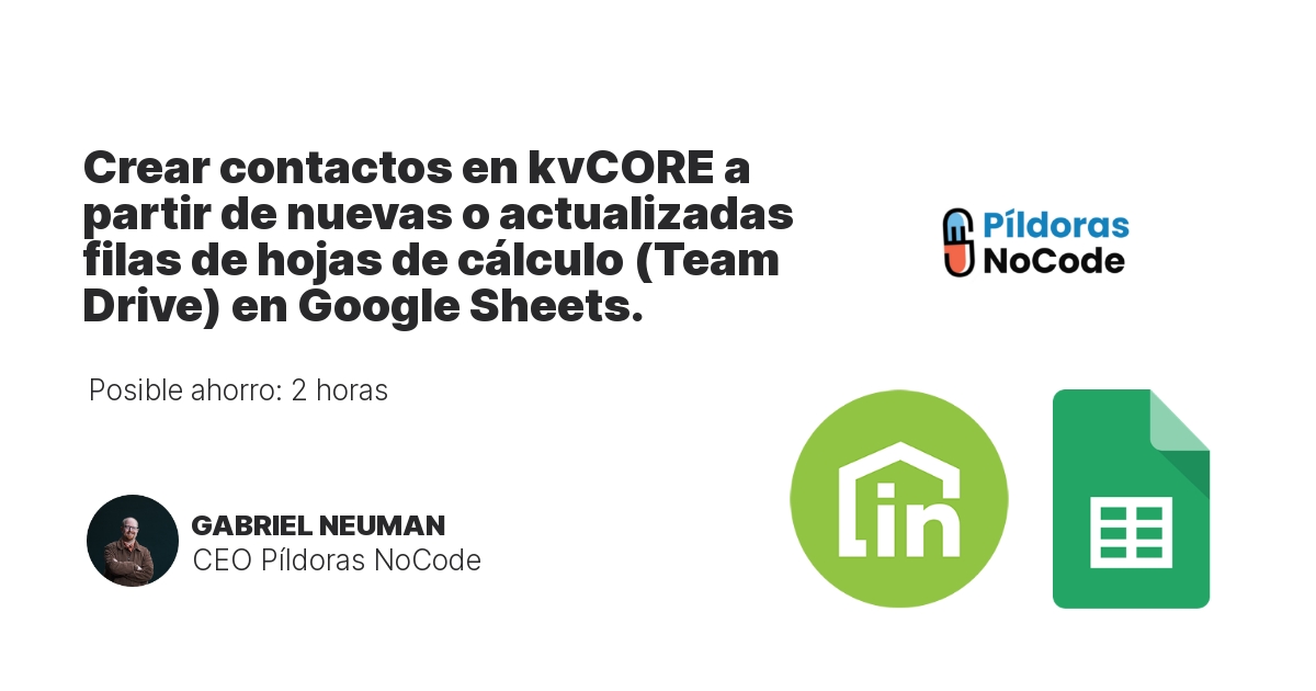 Crear contactos en kvCORE a partir de nuevas o actualizadas filas de hojas de cálculo (Team Drive) en Google Sheets.